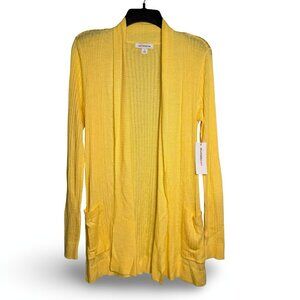 Liz Claiborne Cardigan Sweater Womens Yellow Open Front Ribbed Knit Pockets NWT